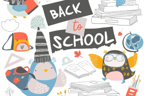 可爱卡通猫头鹰矢量手绘图案开学季设计素材 Set of cute owls with books. Back to school.