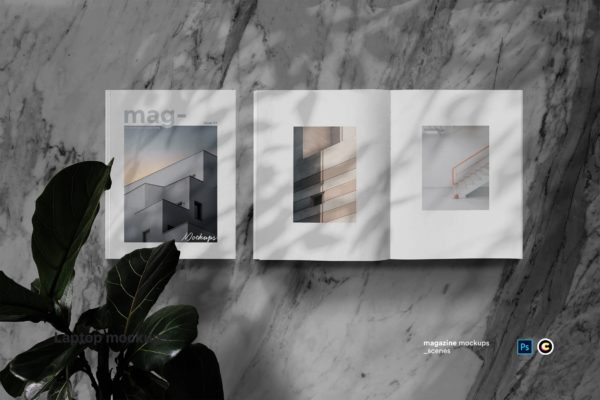 植物阴影大理石背景杂志版式设计预览样机素材库精选模板 Magazine Mock Up