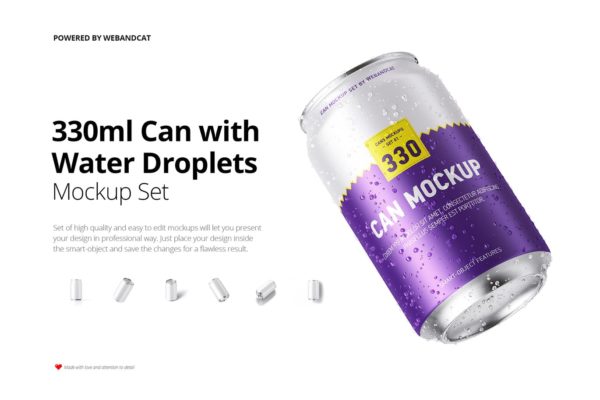 330ml容量规格易拉罐外观设计样机模板 330ml Can Mockup with Water Droplets