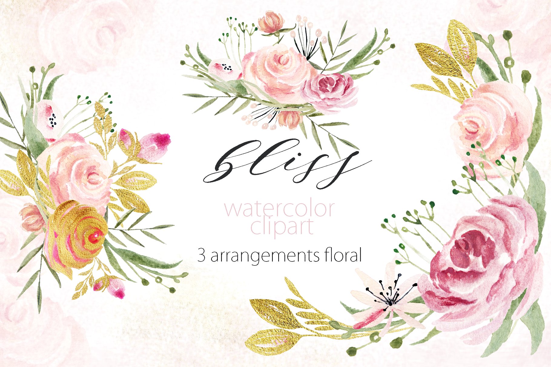 精致的手绘花卉水彩剪贴画 Watercolor clipart. Bliss. Pnik.插图(1)