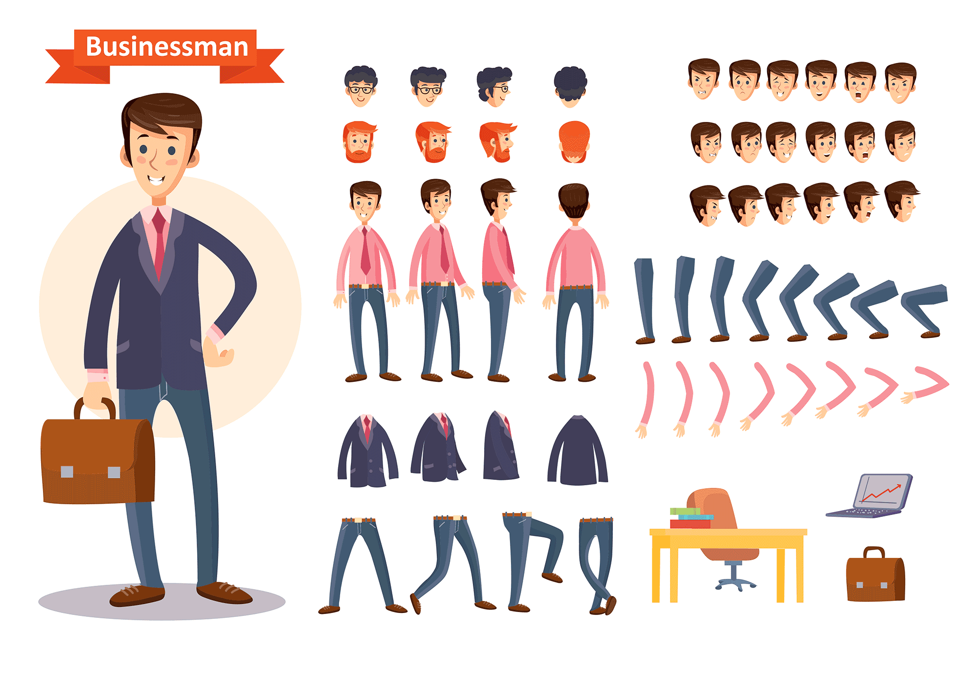 一套矢量商务人士卡通形象Set of vector cartoon illustrations for creating a character, businessman插图