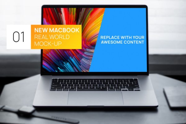 简约风格灰黑场景MacBook电脑屏幕演示素材库精选样机 New MacBook Touchbar Dark Photo Real World Mock-up