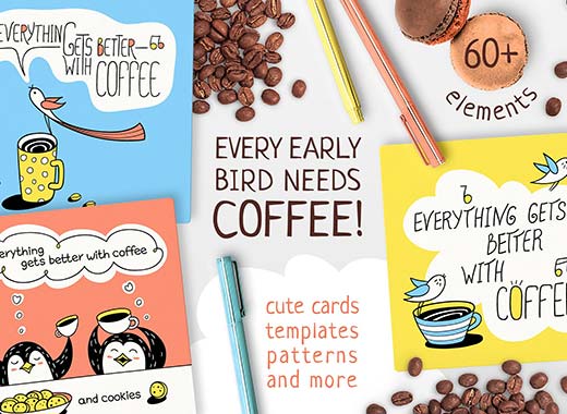 EVERY EARLY BIRD NEEDS COFFEE-手绘卡通咖啡插图素材下载[eps,png]