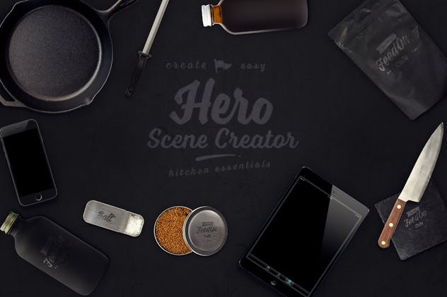 厨房必需品巨无霸场景样机模板 Hero Kitchen Essentials Mockup Creator插图(2)