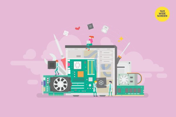 PC电脑维修主题矢量概念插画 PC Maintenance Vector Concept Illustration