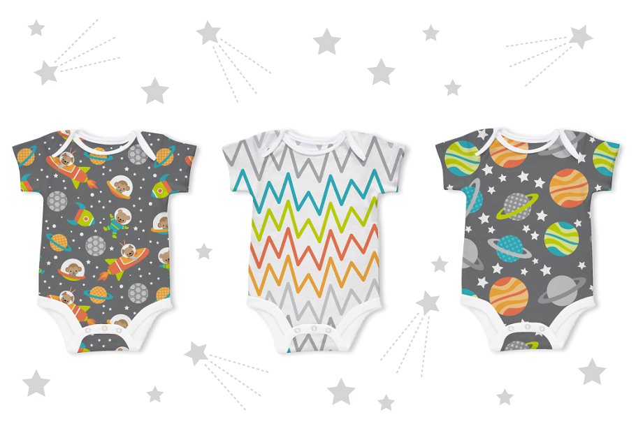 可爱现代太空元素图案纹理素材 Cute Modern Space Explorers Patterns插图(1)