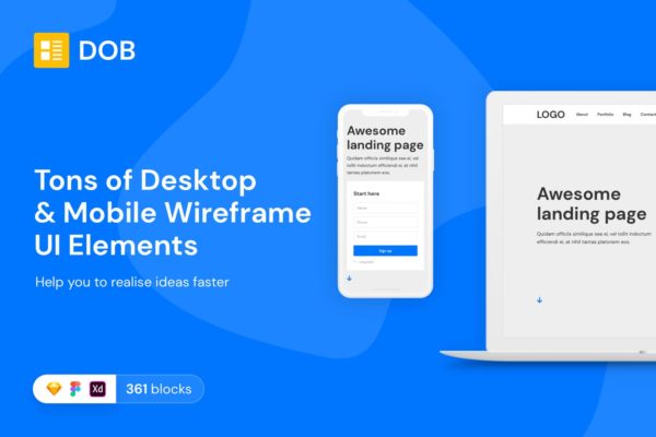 300+APP&amp;Web区块UI线框图设计模板 Desktop &amp; Mobile Wireframe Web UI Kit