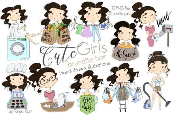 深色头发可爱卡通女孩剪切画 Cute Girls Brunette hair Clipart