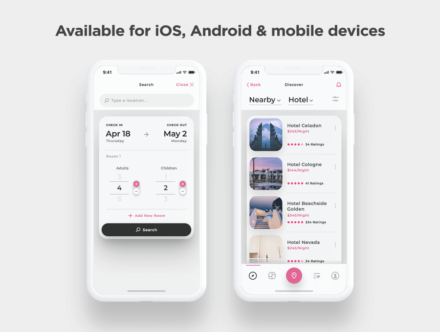 素材库下午茶：漂亮时尚的旅行名宿酒店预订APP UI KIT套装下载[PSD,Sketch,XD]插图(1)