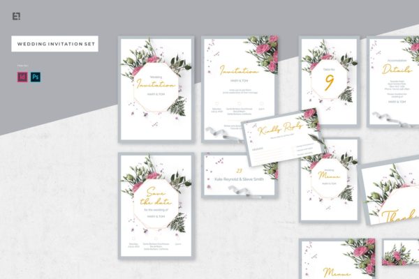 花卉装饰艺术风格婚礼邀请设计套件 Wedding Invitation Set
