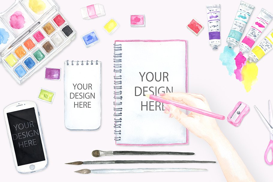 水彩设计元素素材包 Watercolor Art Material Mockup插图(1)