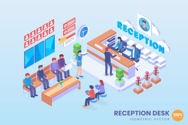客户服务中心场景2.5D等距概念矢量插画素材库精选 Isometric Reception Desk Vector Concept