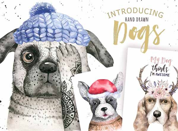 高质量手绘水彩狗狗合集[PNG, PSD]