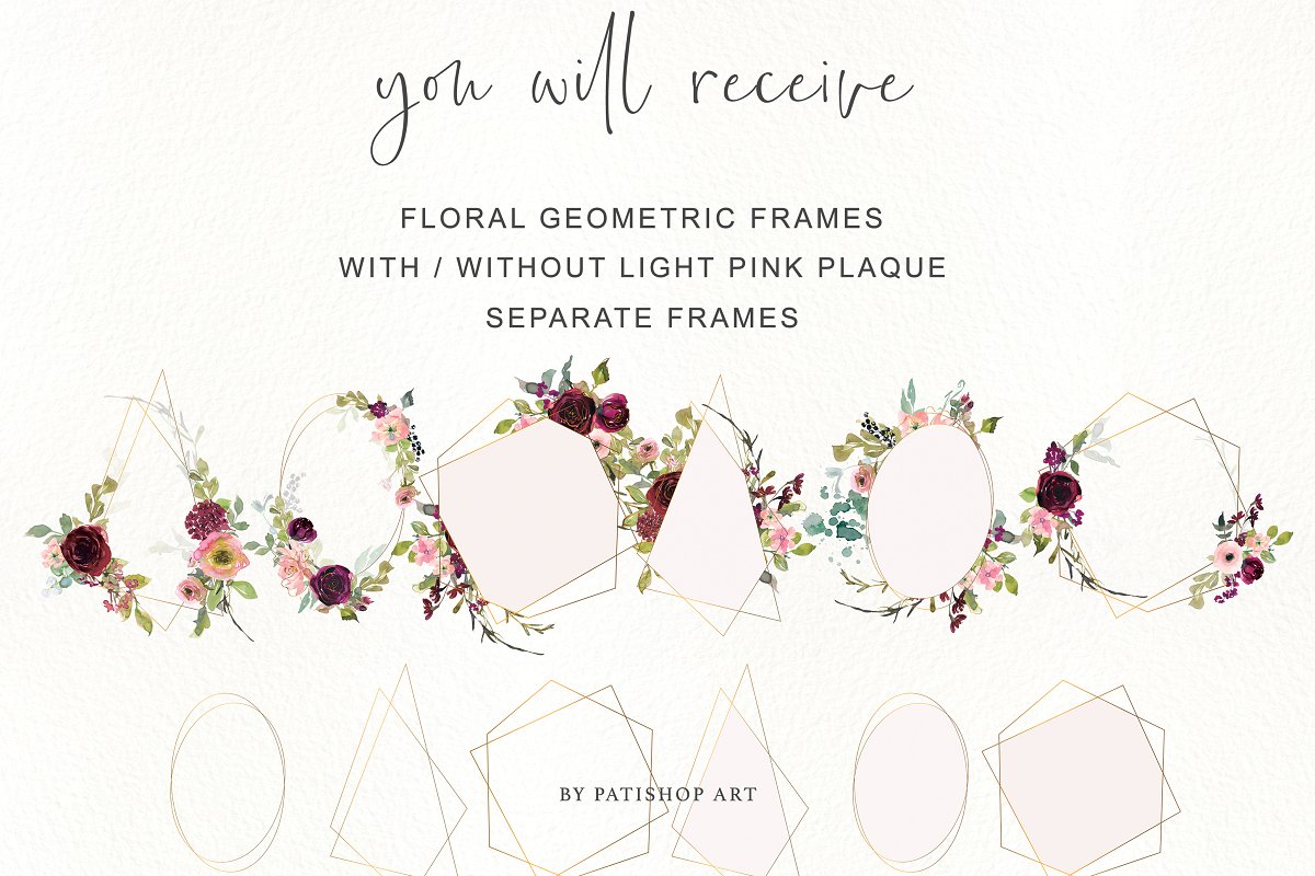 金色&勃艮第深红花卉水彩插画合集插图