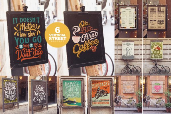 复古风格店铺小黑板招牌广告样机素材库精选模板 Vertical Signboard Mockups x6