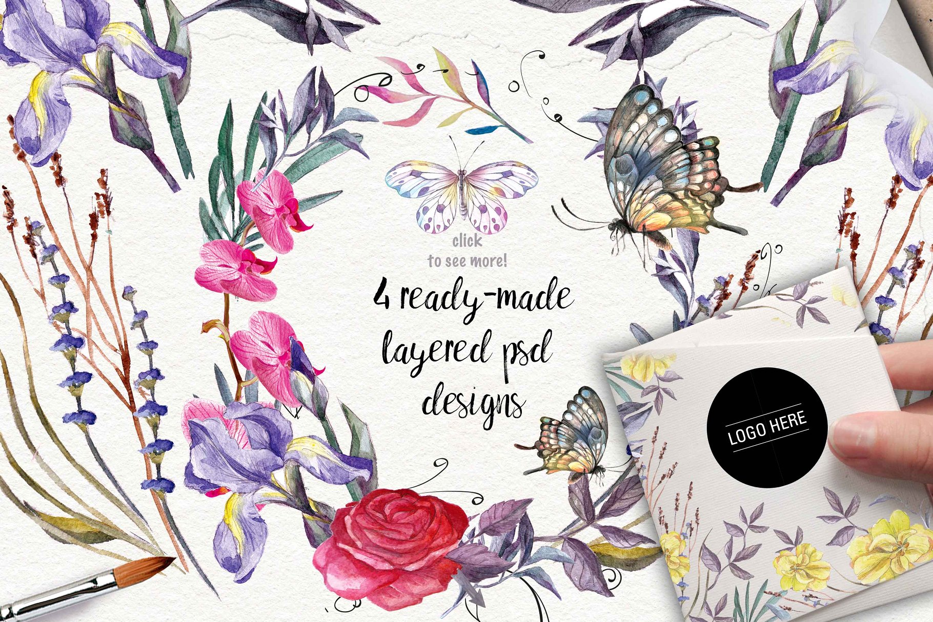 极力推荐:水彩设计素材合集(花草/花环/花束/树叶元素,明信片模板&无缝图案) Wildflowers vol.3插图(4)