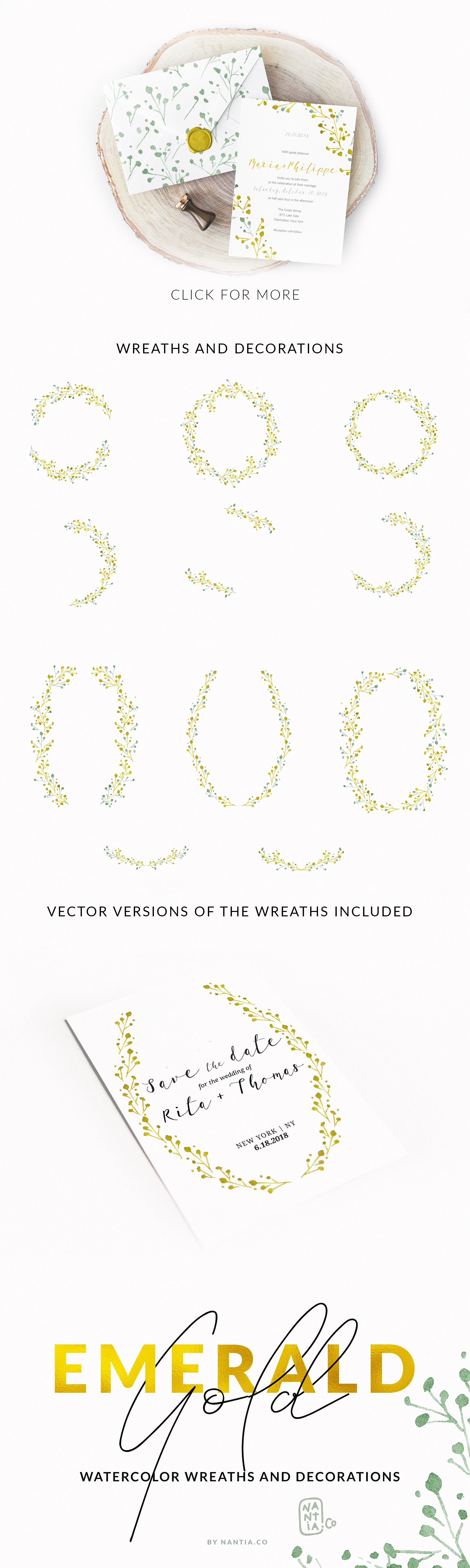 8款翡翠绿水彩手绘花环 8 Watercolor Wreaths Emerald Gold插图(5)