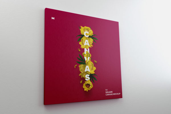 挂墙方形画布画框左视图样机模板 Square Canvas Mockup Hanging on Wall, Left View