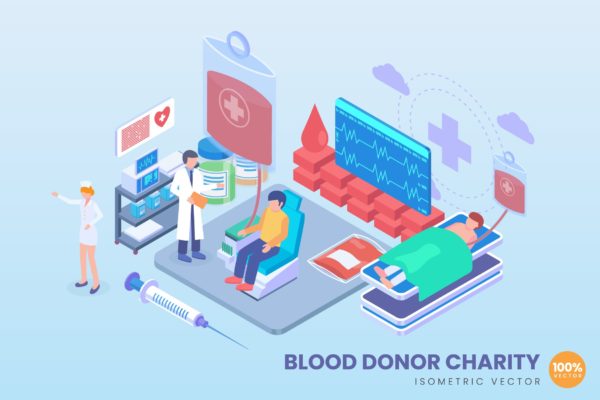 红十字会献血中心等距矢量素材库精选概念插画 Isometric Blood Donor Charity Vector Concept