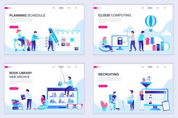 扁平设计风格场景概念插画网站着陆页设计模板v4 Set of Landing Page Templates Flat Concept