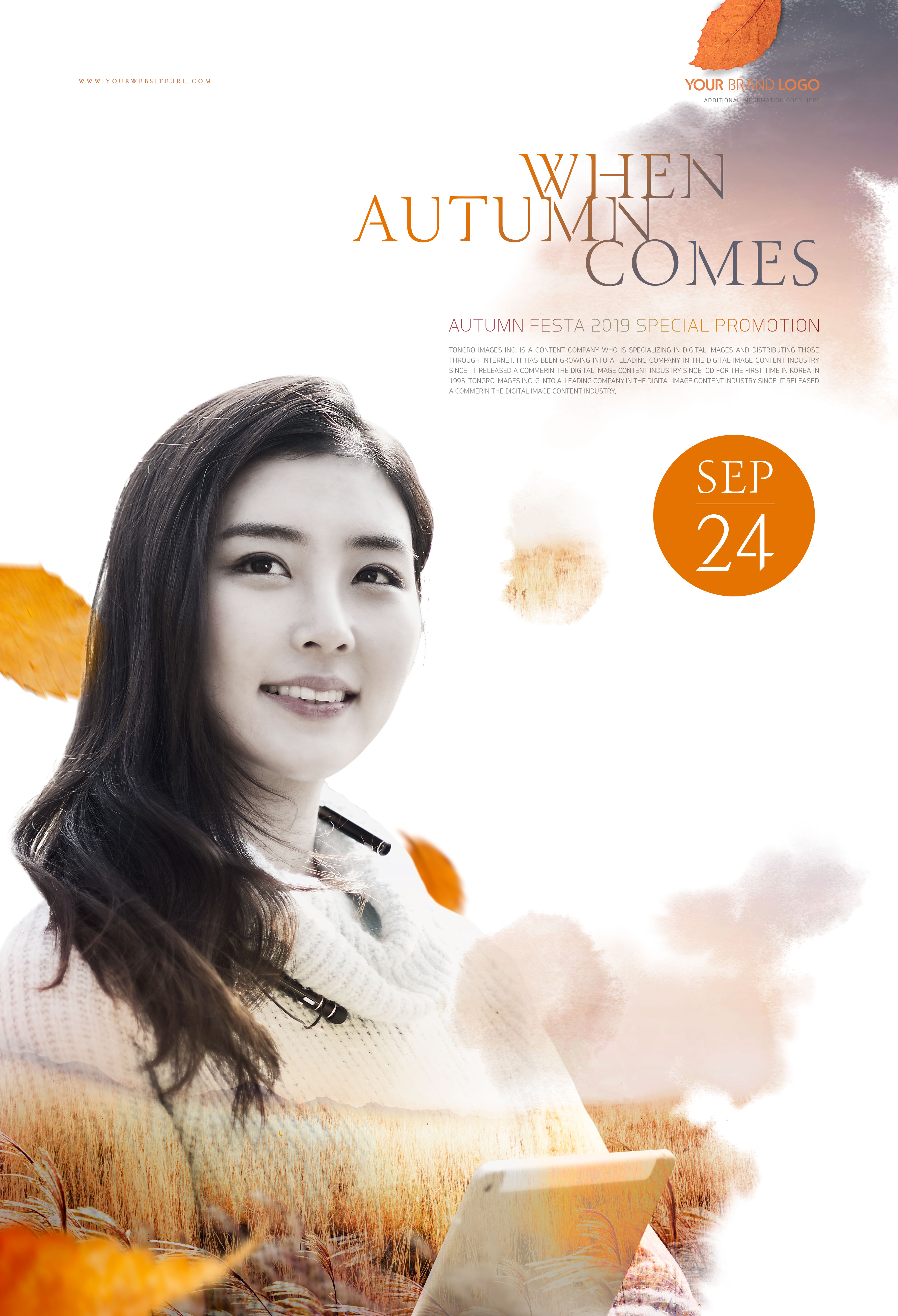 金秋季节双重曝光人物海报psd模板插图