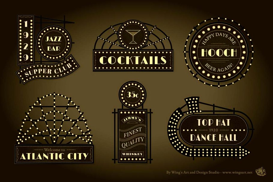 集市，夜总会和舞厅风格复古店招模板 Prohibition Era Boardwalk Signs插图(1)