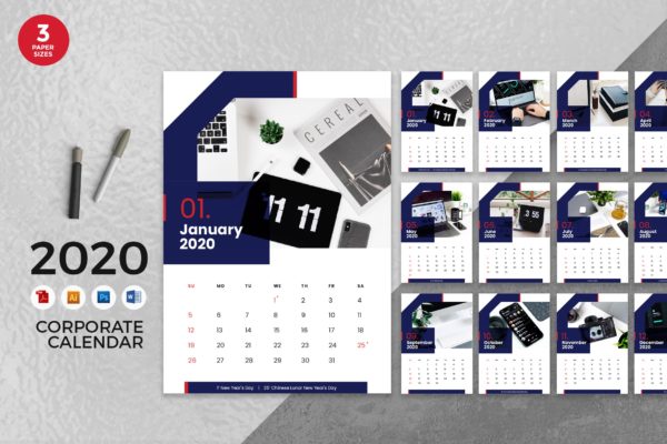 企业定制设计2020年日历表设计模板 Corporate Business 2020 Calendar – AI, DOC, PSD