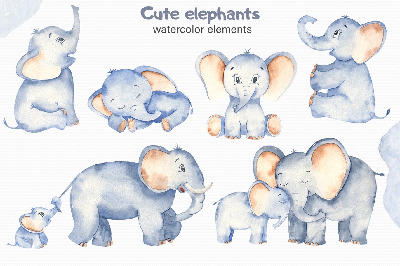 可爱卡通小象水彩手绘剪贴画&卡片素材 Watercolor cute elephants. Clipart and cards插图(1)