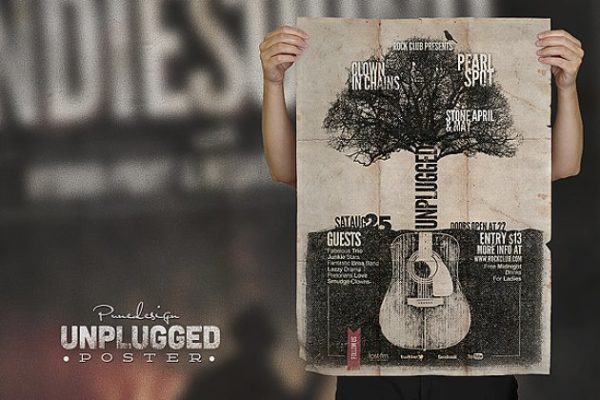 复古做旧吉他音乐会宣传单模板 Unplugged – Poster