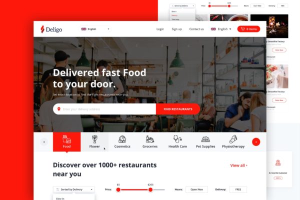食物/快餐配送网站UI设计SKETCH模板 Deligo – Food Delivery Website