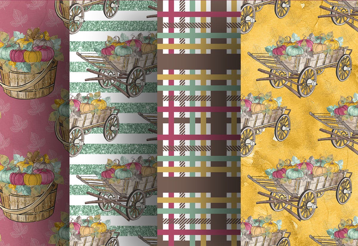 农场秋天丰收季节手绘图案数码纸张图片背景素材 Harvest Pumpkin digital paper pack插图(4)