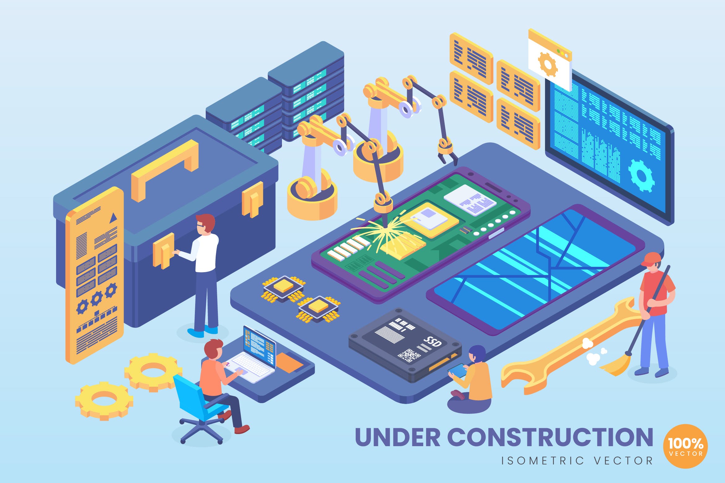 自动化机械制造场景等距矢量素材库精选概念插画素材 Isometric Mobile Under Construction Vector Concept插图