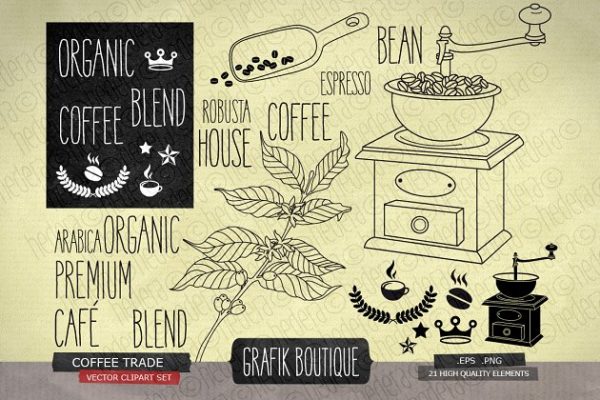 复古咖啡主题手绘插画素材 Coffee trade, vintage grinder, crown