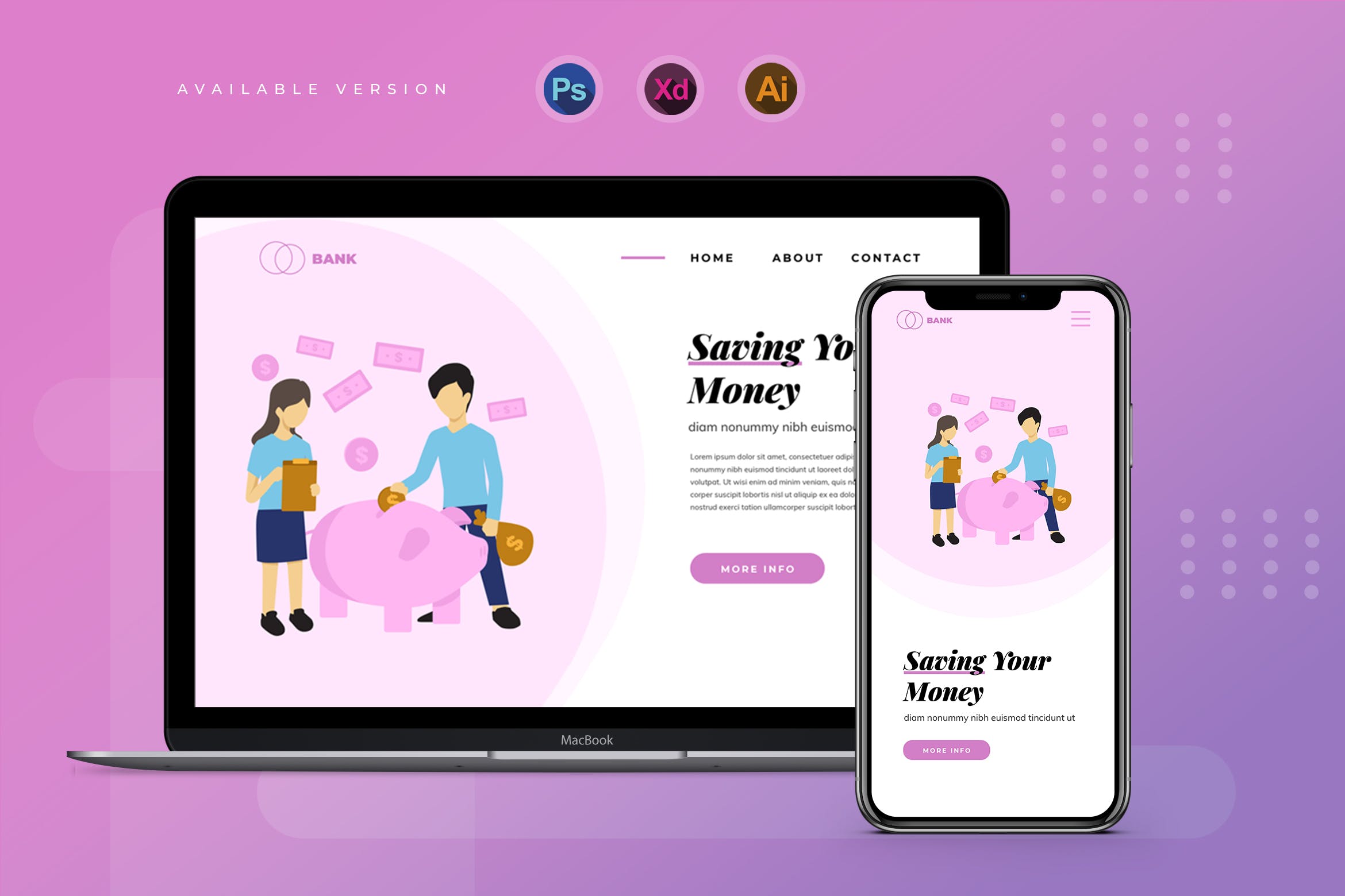 存钱计划主题网站Banner&着陆页设计矢量插画 Piggy Bank Saving Money – Banner & Landing Page插图