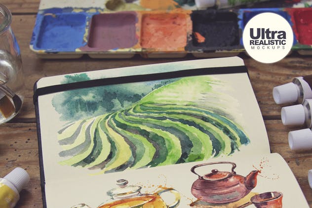 水彩画创作画室场景袖珍笔记本样机模板v3 Pocket Notebook View插图(3)
