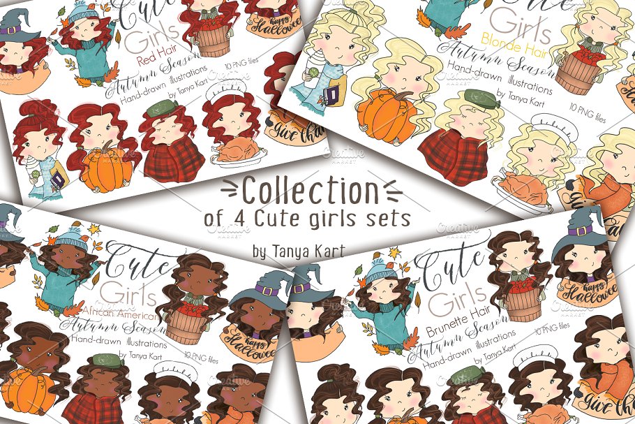 4套卡通可爱女孩矢量插画 Collection of 4 Sets Cute Girls插图