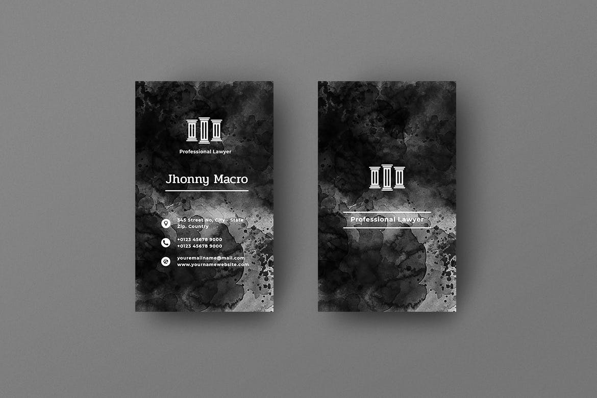 黑色墨水肌理背景竖版企业名片设计模板v11 Vertical Black Business Card. 11插图