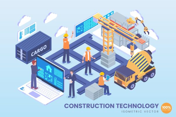 施工技术主题等距概念矢量插画 Isometric Construction Technology Vector Concept