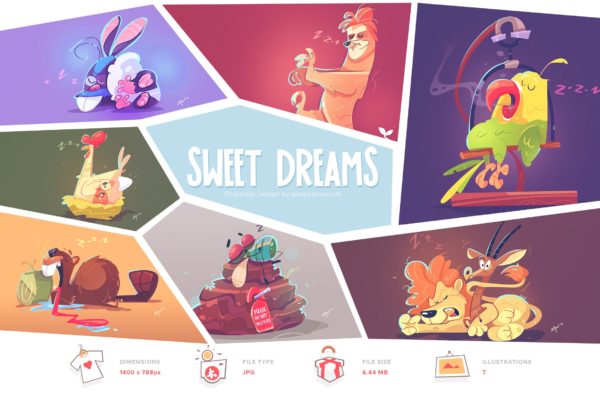 关于梦想主题卡通动物形象手绘矢量插画素材 Sweet Dreams
