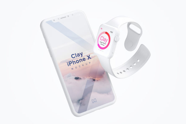Apple Watch＆iPhone X组合UI设计演示样机模板 Clay Apple Watch and iPhone X Mockup