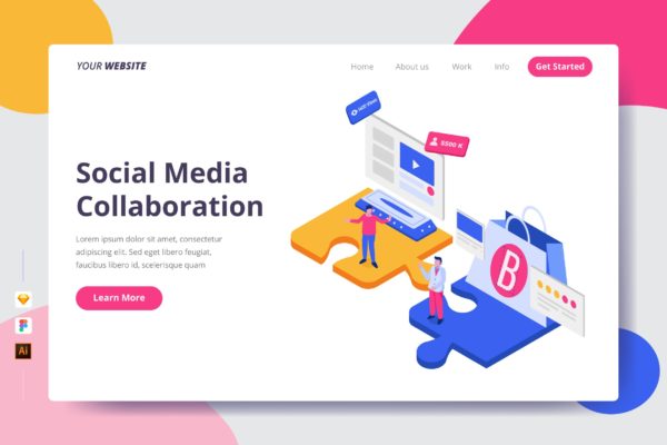 社交媒体协作主题插画网站着陆页设计素材库精选模板 Social Media Collaboration – Landing Page