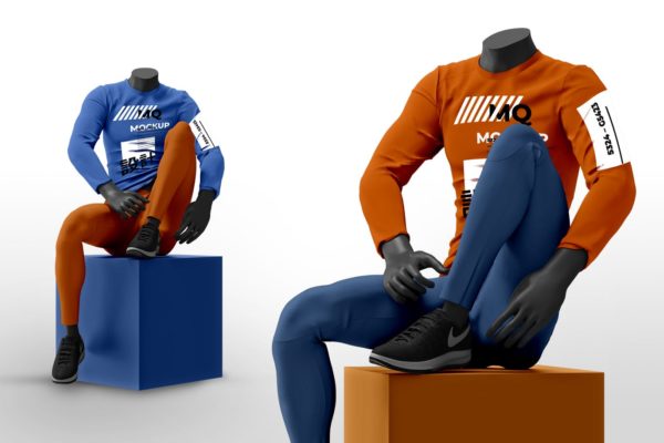 男模特长袖T恤设计图样机素材库精选模板 Male Mannequin with Long Sleeve Mockups
