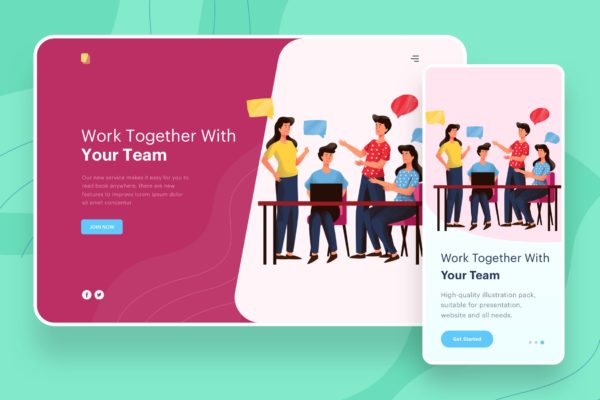 团队协作主题网站设计矢量插画素材 Work Together With Team – Website Header