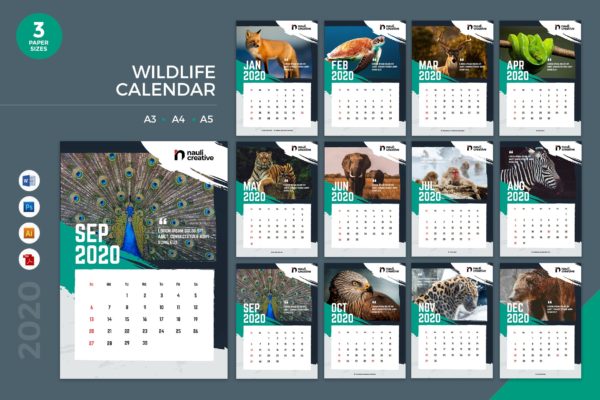 野生动物摄影主题2020年日历表设计模板 Wildlife Calendar 2020 Calendar – AI, DOC, PSD