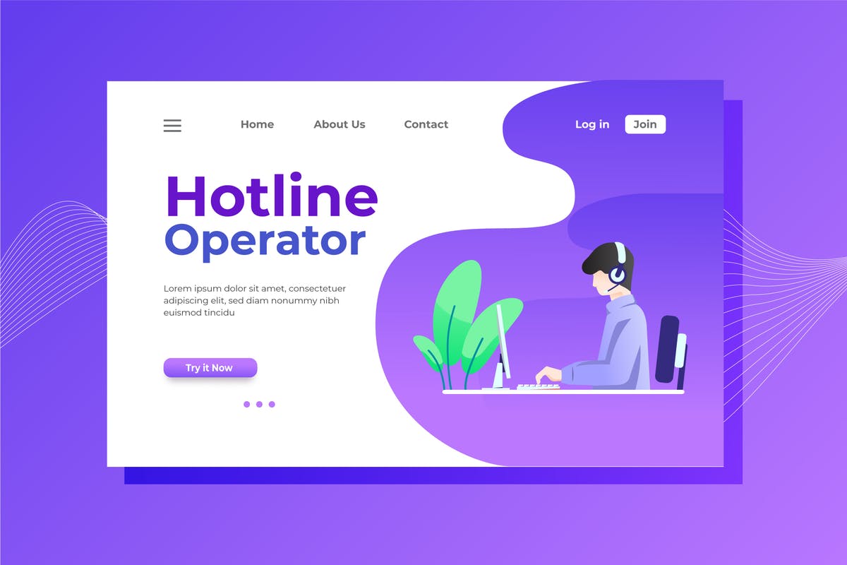 客服热线场景概念插画着陆页模板 Hotline Operator Landing Page Illustration插图