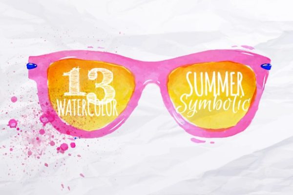 时尚夏季元素皱巴巴纸张背景 Set Watercolor summer