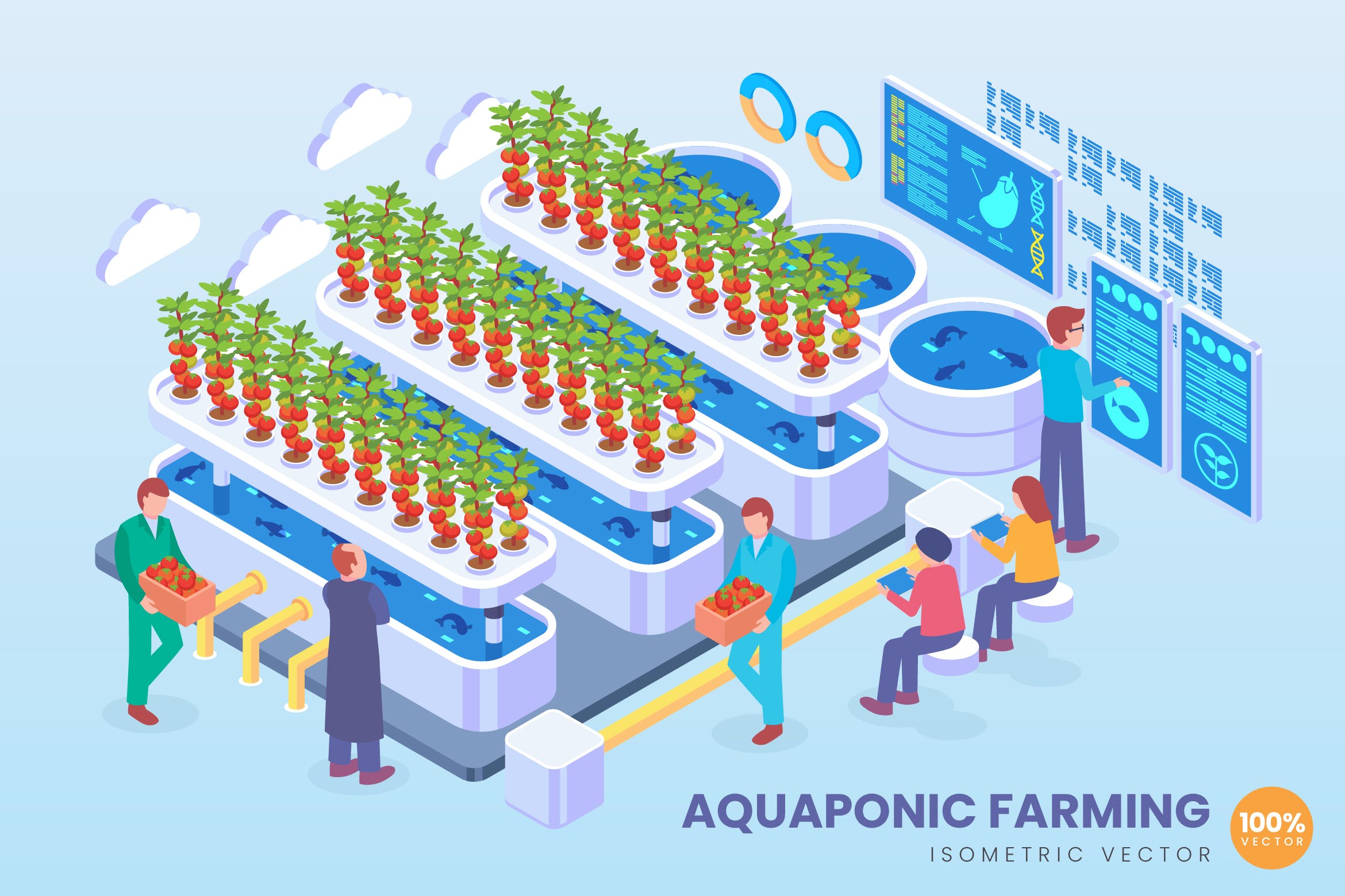 水产养殖技术等距矢量素材库精选科技概念插画 Isometric Aquaponic Farming Technology Vector插图