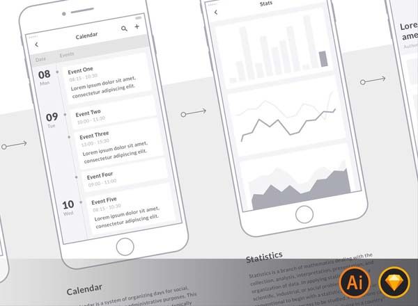 90+手机 APP 界面线框图套件 Mobile Wireframe Kit [AI&amp;Sketch]