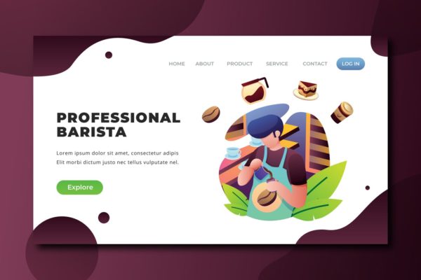 专业咖啡师矢量插画网站着陆页设计PSD&amp;AI模板 Professional Barista – PSD and AI Landing Page