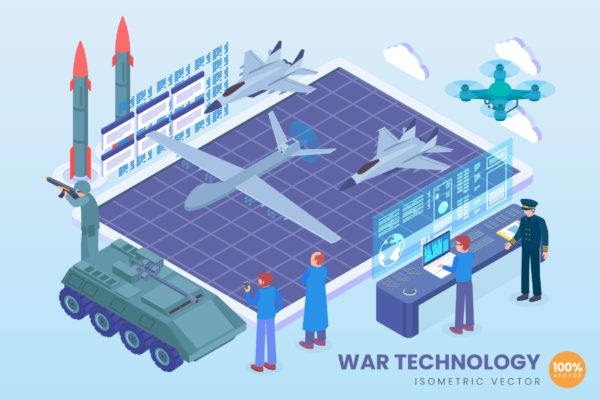 现代作战技术等距矢量素材库精选科技概念插画 Isometric War Technology Vector Concept